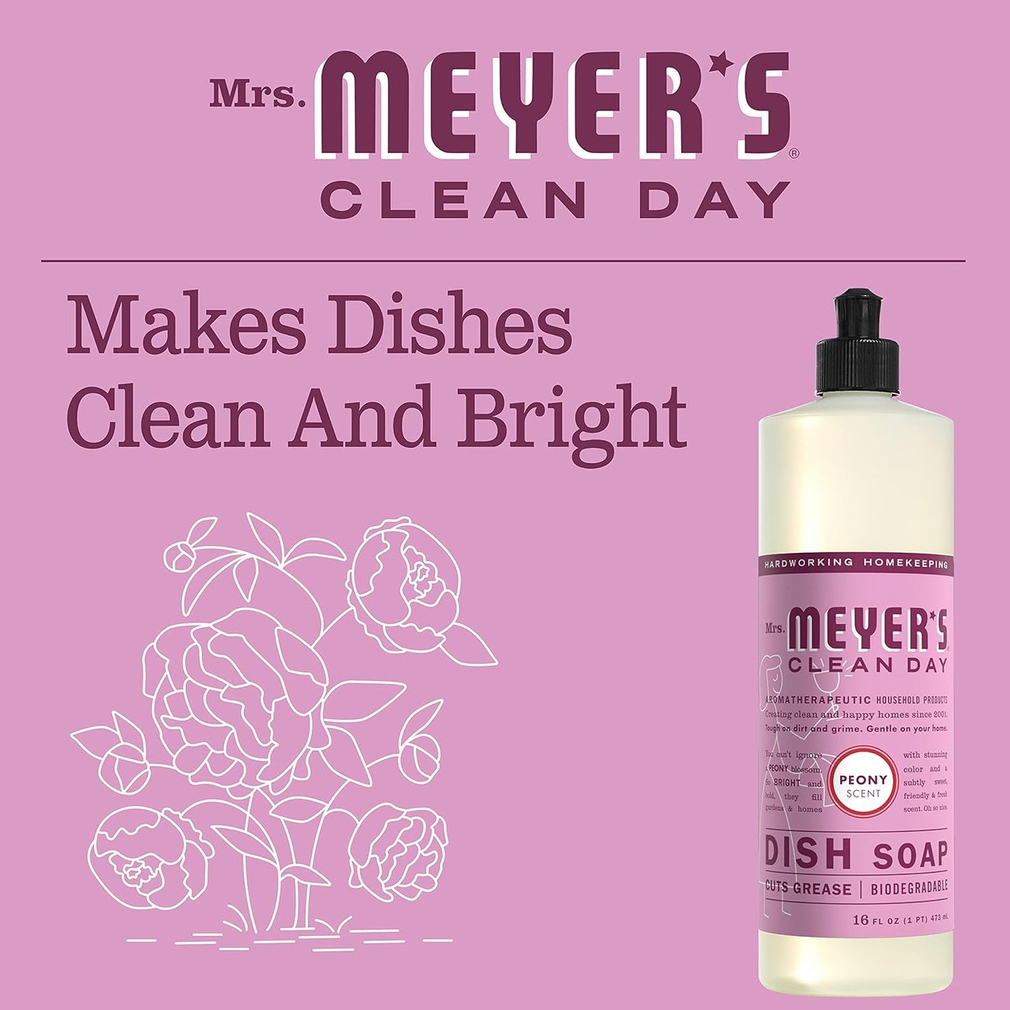 MRS. MEYER'S CLEAN DAY Liquid Dish Soap, Biodegradable Formula, Peony, 16 fl. oz - Pack of 6