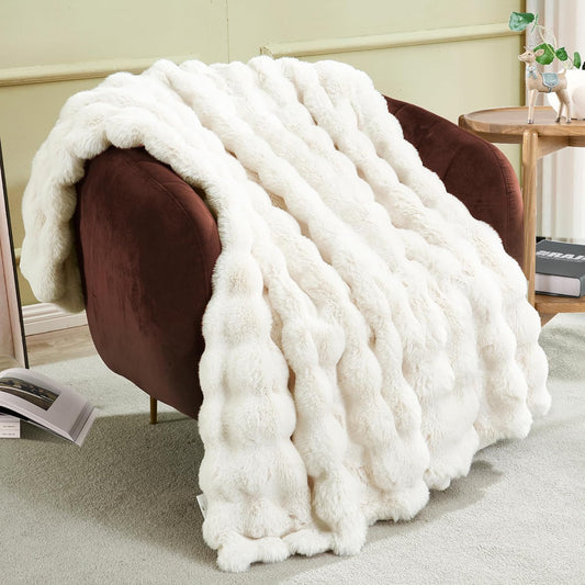 JONIYEAR Soft Fuzzy Bubble Faux Rabbit Fur Throw Blanket for Couch 50" x 60", Double Sided Textured Warm Fluffy Blanket for Winter, Luxury Cozy Puffy Shaggy Comfy Furry Blankets for Chair, Cream White