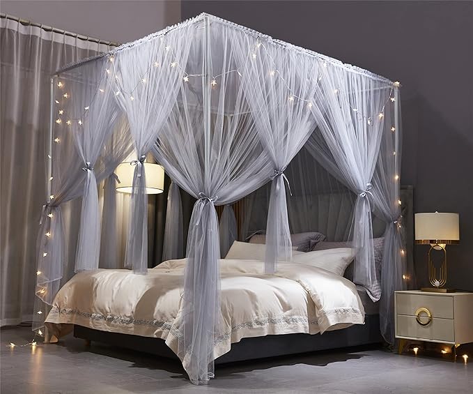 VETHIN 4 Corners Post Princess Bed Canopy Curtain Double Layer Cozy Drape Netting 4 Opening Mosquito Net for Girls & Adults Bedroom Decoration Accessories (Double Gray, 78" W*86" L*82"*H/(King))