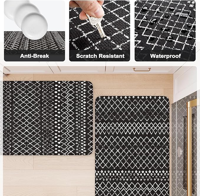 KIMODE Anti Fatigue Kitchen Mats for Floor 2 Piece, Cushioned Farmhouse Kitchen Rugs, Memory Foam Kitchen Floor Mats, Standing Desk Mats for Laundry Office Sink Black 20"x47"+20"x32"