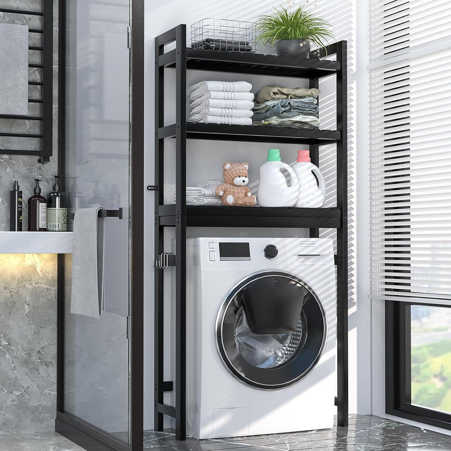 Homykic Bamboo Over The Toilet Storage Shelf, 3-Tier Above Toilet Storage Organizer Rack with 3 Hooks, Freestanding Bathroom Tower Shelf Unit for Small Space, No Rust, Easy to Assemble, Black