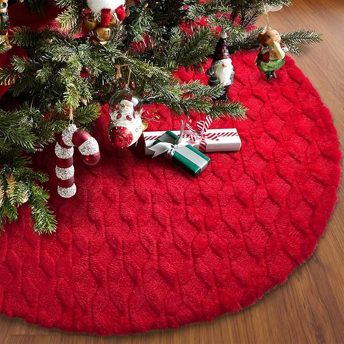 Christmas Tree Skirt 48 inches Faux Fur White Christmas Tree Skirt for Christmas Tree Decorations Winter Holiday Home Christmas Party Ornaments (Red/Diamond)