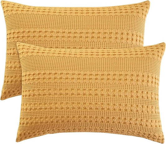 PHF 100% Cotton Waffle Pillow Shams Queen Size, 2 Pack 20" x 30" Soft Skin-Friendly Pillowcases, No Filling, Aesthetic Woven and Breathable Waffle Weave Pillow Case Covers for Bed, Honey Yellow
