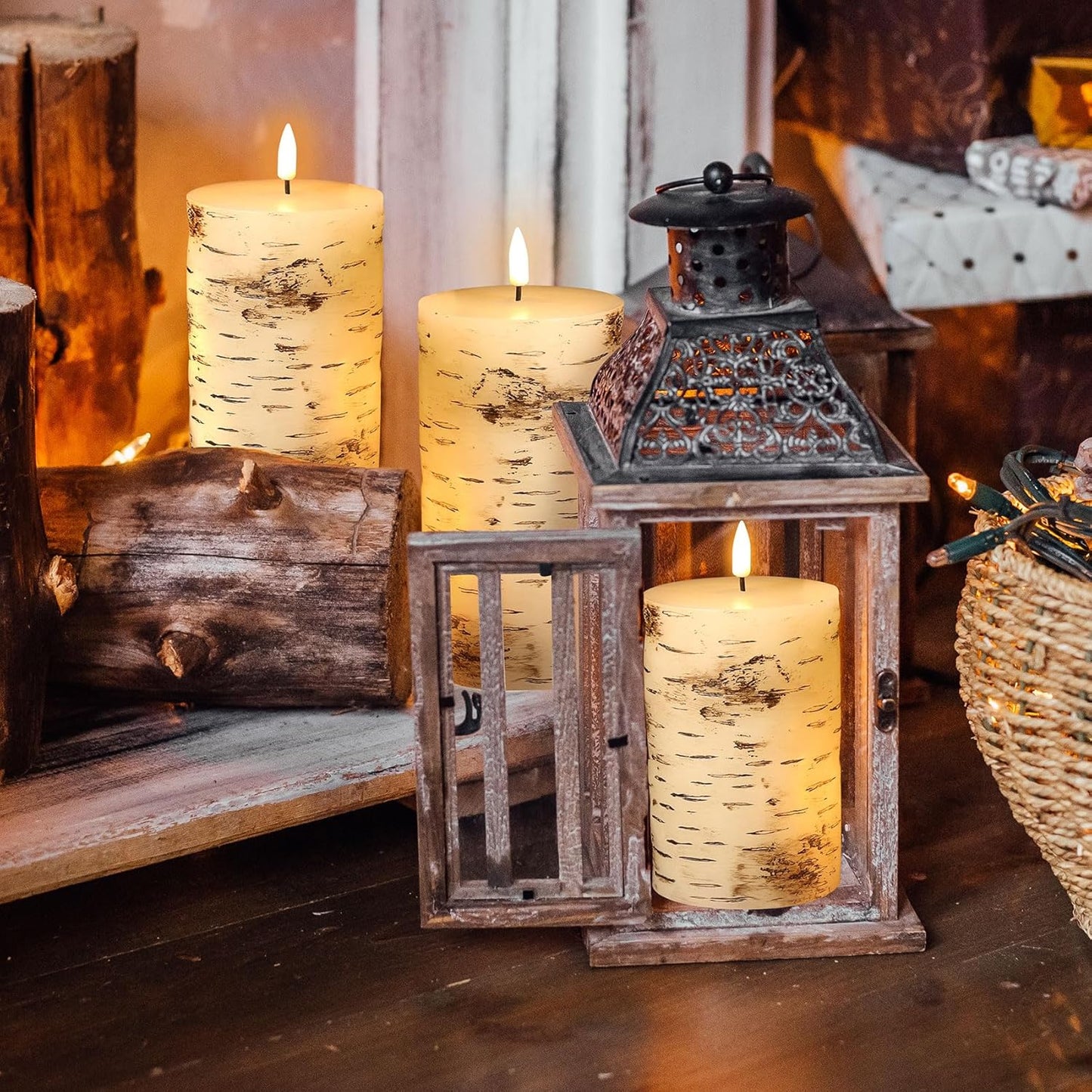 Eywamage Birch Bark Flameless Pillar Candles with Remote, Flickering Rustic Battery LED Wood Candles Set of 3