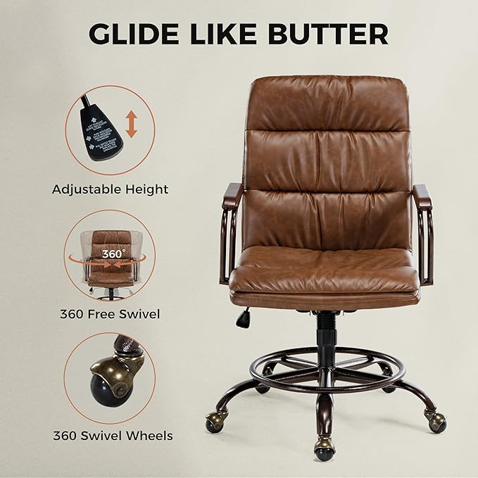 EUREKA ERGONOMIC Home Office Chair Ergonomic Desk Chair, Comfortable Office Chair Leather Executive Chair Mid Century Vintage 360° Swivel with Lumbar for Office Home Bedroom