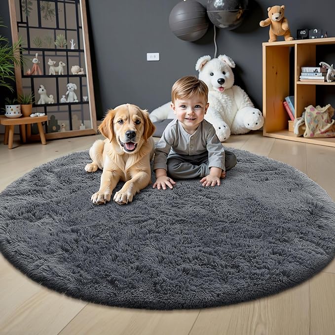 OLANLY Grey Round Rugs for Bedroom - Machine Washable, 5 ft Circle Area Rugs for Living Room, Soft and Fluffy Shaggy Carpet for Teen Girls and Boys, Nursery Rooms, Dorms, Home Decor Aesthetic