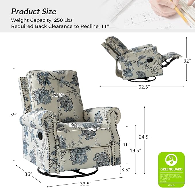 HULALA Home Rocker Recliner Set of 2, Modern Printed Fabric Swivel Glider w/Adjustable Backrest & Footrest, JEACOBEAN