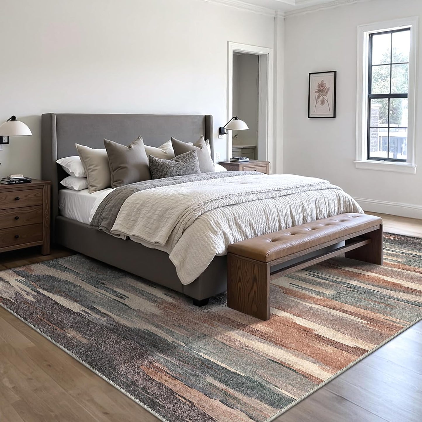 Area Rugs 8x10 Machine Washable Rug for Bedroom Living Room Dining Room, Large Modern Abstract Soft Rugs, Indoor Low Pile Carpet with Non Slip Rubber Backing, Ocher Brown