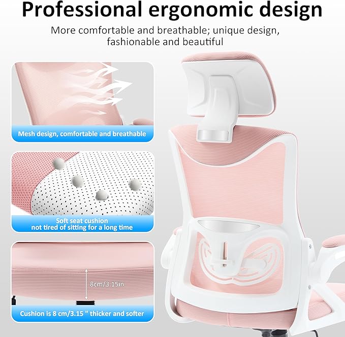 Fizzin Ergonomic Office Chair,Ergonomic Desk Chair with Headrest Pink Computer Chair with High Back Adjustable Lumbar Support, Rolling Swivel Chairs with Wheel Armrests for Home Office(Pink)
