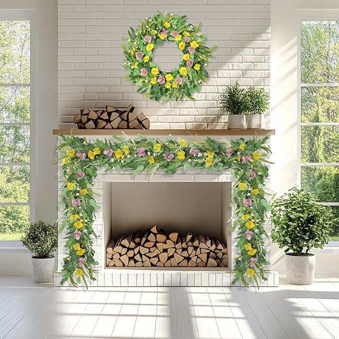 6FT Spring Garland for Decoration, Summer Green Eucalyptus Flower Garlands for Mantle Table Wedding Decor, Fake Vines Greenery Easter Garland Backdrop Floral Arch Wall Room Garden Farmhouse Home Decor