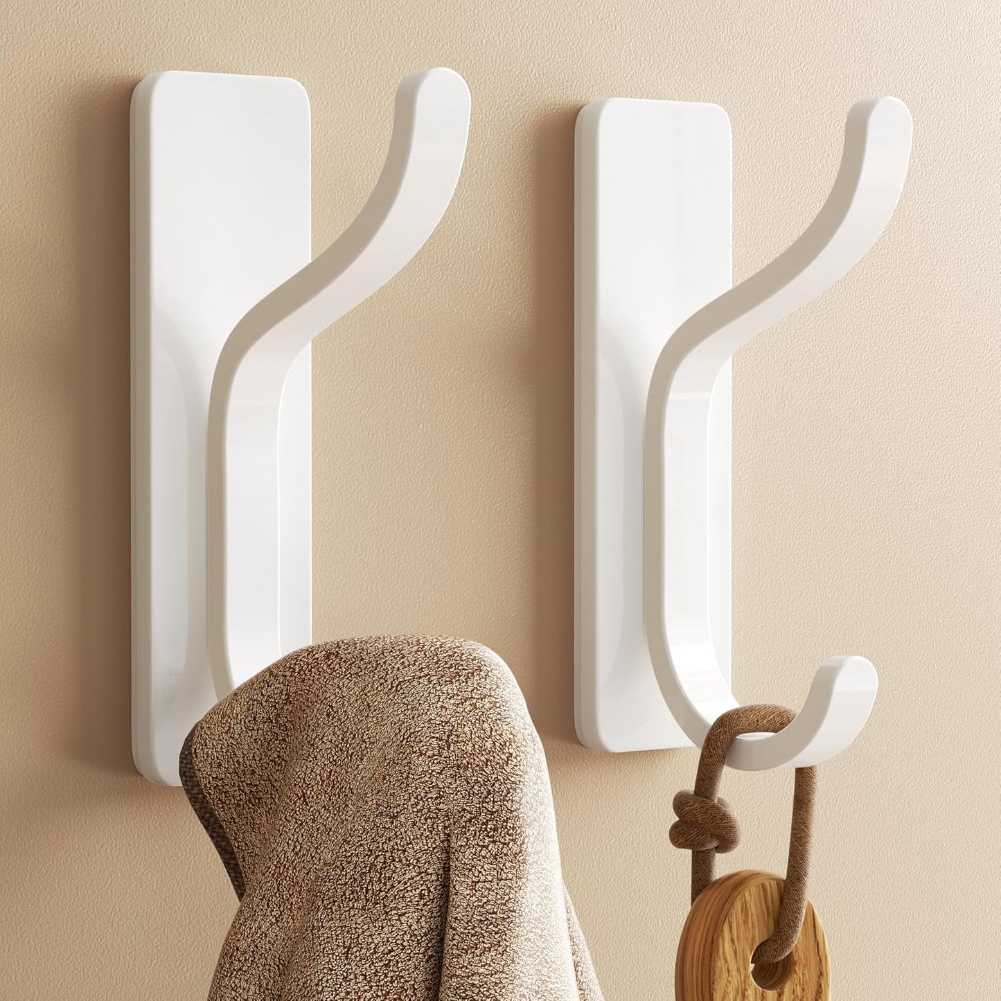 2 Pack Wall Hooks for Hanging: Adhesive Coat Hooks for Hat, Towel, Purse, Clothes, Keys, Backpack, Hangers for Door, Kitchen, Bathroom, Shower, Heavy Duty Stick On, Hold 13 lb, Stainless, White