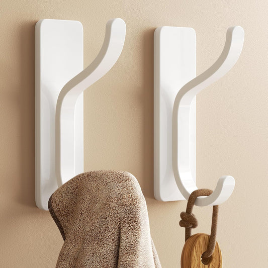 2 Pack Wall Hooks for Hanging: Adhesive Coat Hooks for Hat, Towel, Purse, Clothes, Keys, Backpack, Hangers for Door, Kitchen, Bathroom, Shower, Heavy Duty Stick On, Hold 13 lb, Stainless, White