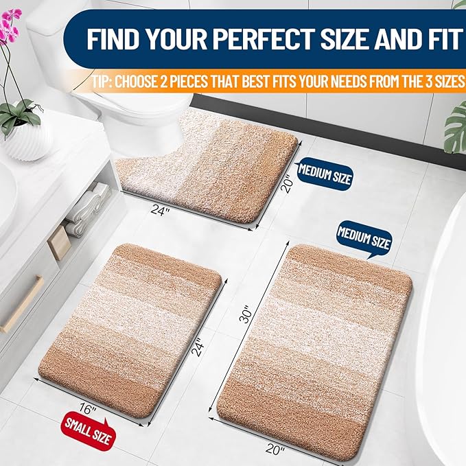 OLANLY Bathroom Rug Set 2 Piece, Soft Absorbent Microfiber Bath Mats and U-Shaped Contour Toilet Rug, Non-Slip, Machine Wash Dry, Plush Shaggy Bath Mats for Bathroom (24"x16"+24"x20", Beige)