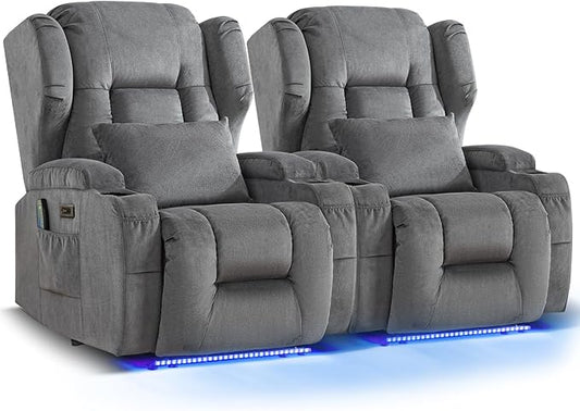 Wall Hugger Power Recliner Chair, Home Theater Seating Electric Recliing Sofa with Massage & Heat, Cup Holder, USB Port, LED Ambient Light, Storage for Living Room (Grey, 2 Chairs)