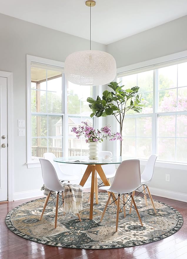 Lahome Moroccan Trellis Washable Round Area Rug, Soft Round Rugs 6ft Ultra-Thin Non-Slip, Vintage Large Circle Carpet for Bedroom Living Room Kitchen Nursery, Grey