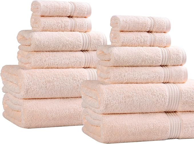 Superior Egyptian Cotton 12-Piece Towel Set, Assorted Towels for Home Bathroom, Guest Bath Decor Essentials, Includes 4 Bath, 4 Hand, 4 Face Towels/Washcloths, Quick Dry, Absorbent - Peach