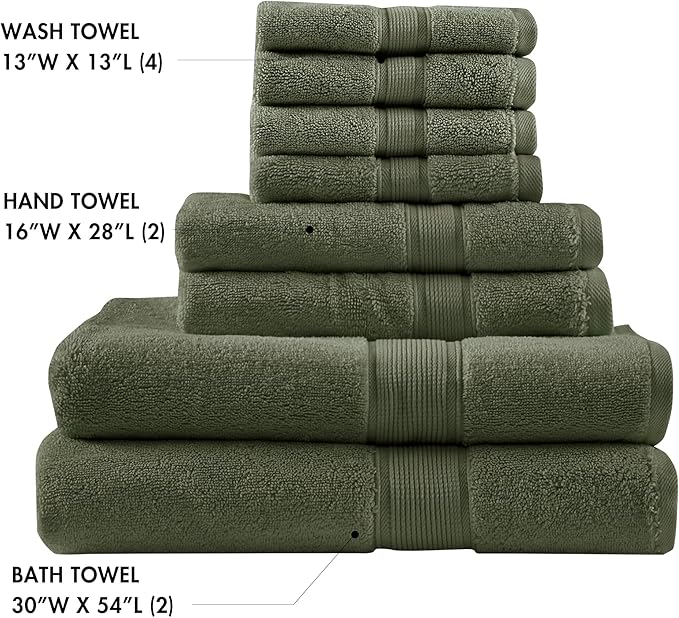 Madison Park 800GSM Bathroom Towel Set of 8 100% Cotton Bath Towel Set for Bathroom Luxurious Highly Absorbent 2 Bath Towels 2 Hand Towels 4 Washcloths Quick Dry Spa Quality Olive Green