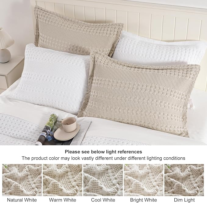PHF 100% Cotton Ruffle Waffle Pillow Shams King Size, 2 Pack 20" x 36" Soft Skin-Friendly Pillowcases, No Filling, Aesthetic Home Decor, Breathable Waffle Weave Bed Pillow Covers, Oatmeal