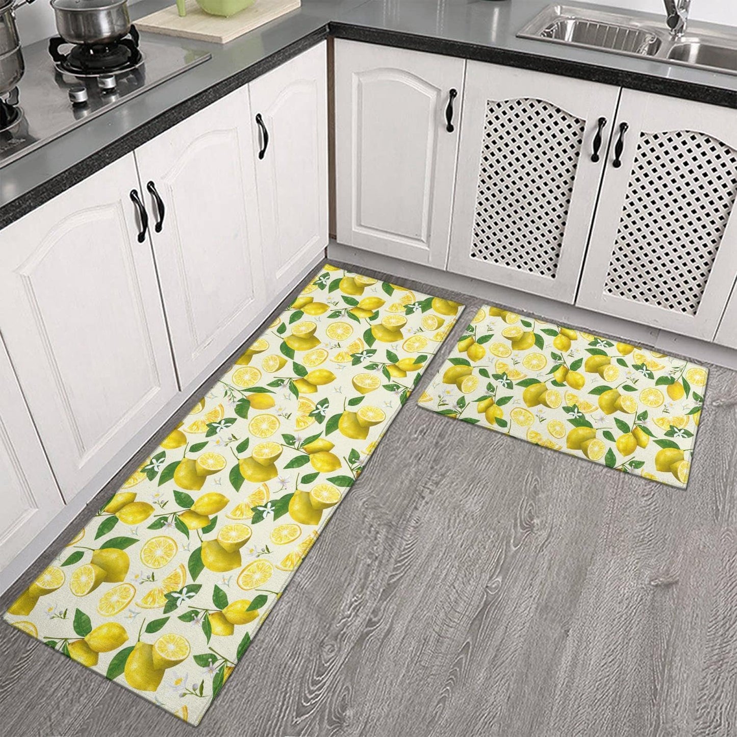 2 Piece Lemon Kitchen Decor Rugs Set, Farmhouse Country Kitchen Rugs and Mats Non Skid Washable Absorbent Microfiber Kitchen Accessories Decoration Floor Mats 17"x47"+17"x30"