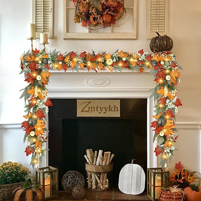 Realistic Fall Garland for Mantle 6 Ft Fall Maple Leaves Garlands with Lights/Timer Pumpkin Garland for Thanksgiving Outdoor Indoor Table Fireplace Autumn Decor Fall Decorations for Home Porch