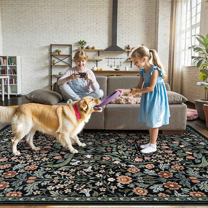 Lahome Floral 5x7 Rug for Living Room, Soft Washable Area Rugs for Bedroom, Botanical Thin Stain-Resistant Black Boho Carpet for Dining Room, Guestroom, Nursery Indoor