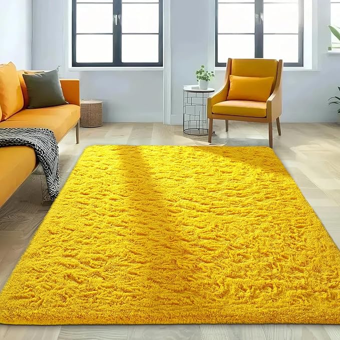 Ophanie Yellow Rugs for Living Room Bedroom, 5x8 Fluffy Fuzzy Furry Carpet, Plush Soft Shaggy Bedside Indoor Floor Area Rug for Kids Girls Boys Baby Teen Dorm Nursery Home Decor Aesthetic