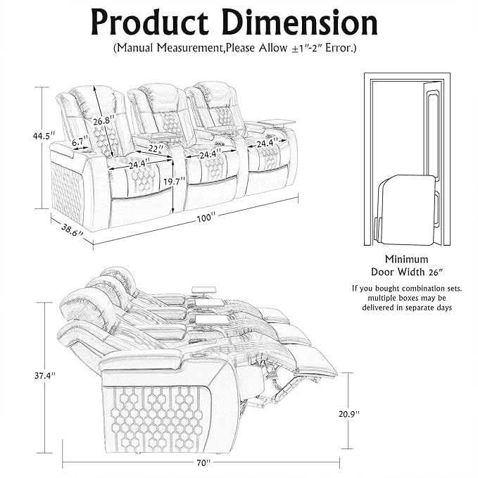 Home Theater Seating, Living Room, Powered Headrest, Powered Lumbar, Italian Leather, Powered Recline, Single Recliner (Black, Row of 3)