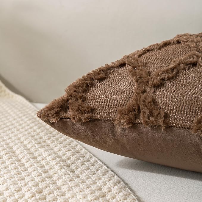Set of 2 Soft Moroccan Throw Pillow Covers 20x20 Inch Plush Boho Decorative Pillow Cover Accent Cushion Case for Couch Sofa Bed, Deep Brown