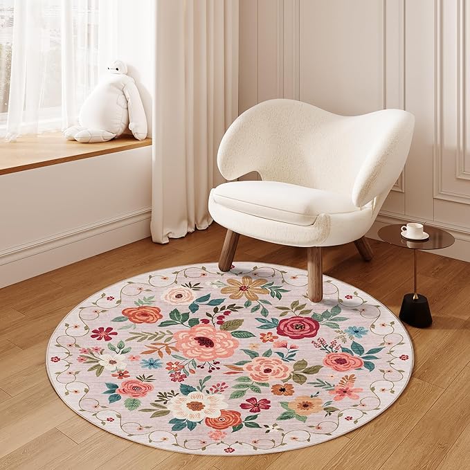 DUKINO Floral Round Rug, 4ft Washable Round Area Rug, Non Slip Indoor Low Pile Circle Rug, Soft Small Boho Design Circle Rug for Bedroom, Entryway, Living Room, Dining Room,Beige