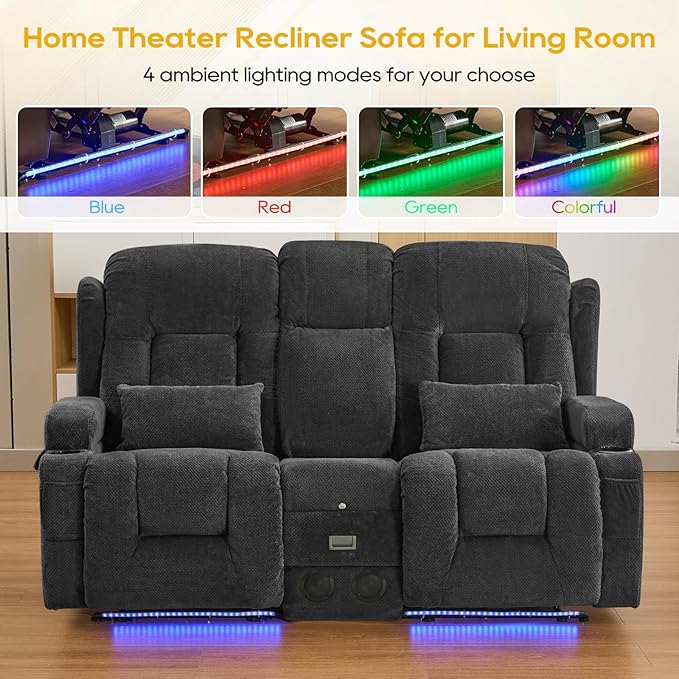 IPKIG 67" Power Reclining Loveseat Sofa, Electric Home Theater Seating with Console/4 Colors Ambient Lighting/Bluetooth Speakers/USB Ports/Built-in Outlets (Charcoal, Loveseat Recliner)
