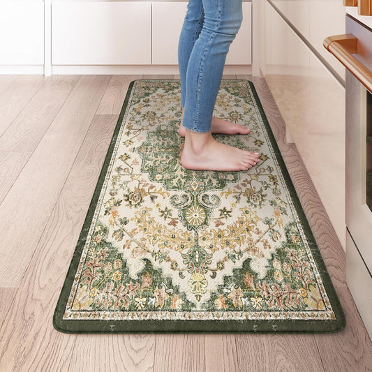 KIMODE Anti Fatigue Kitchen Mat 20"x39", Boho Vintage Kitchen Rug, Non Slip Kitchen Mats for Floor, Cushioned Kitchen Floor Mats, Standing Desk Mat for Sink Laundry Office Desk Green/Yellow