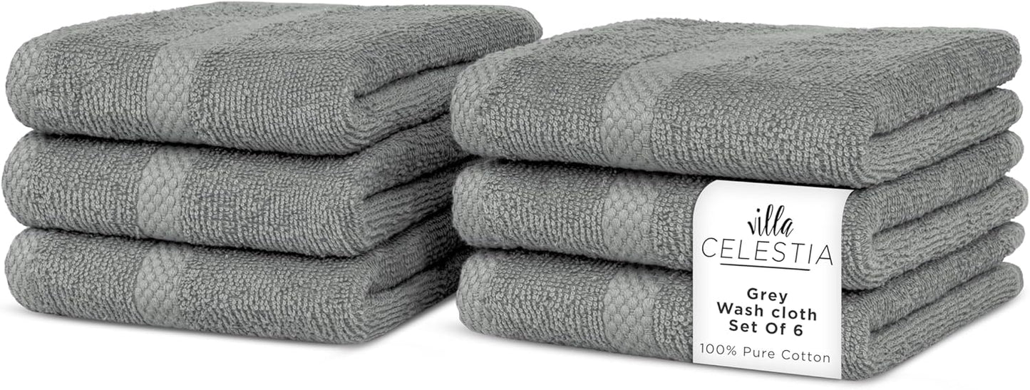 100% Cotton Wash Cloth for face & Body Set of 6, (12 x 12 inches) Sustainable, Soft, Highly Absorbent, Combed Cotton Wash Cloths Pack of 6 for Hotels, Spa, Bathroom, Dorm, Grey