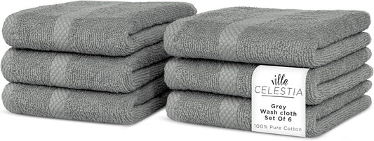 100% Cotton Wash Cloth for face & Body Set of 6, (12 x 12 inches) Sustainable, Soft, Highly Absorbent, Combed Cotton Wash Cloths Pack of 6 for Hotels, Spa, Bathroom, Dorm, Grey