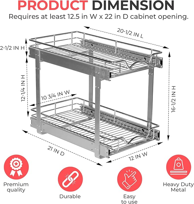 HOLDN’ STORAGE 2-Tier Pull Out Cabinet Organizer, Individual Sliding Drawers - Heavy Duty Metal with Lifetime Limited Warranty - Anti Rust Chrome Finish - 12.5" W x 21" D x 16.5" H