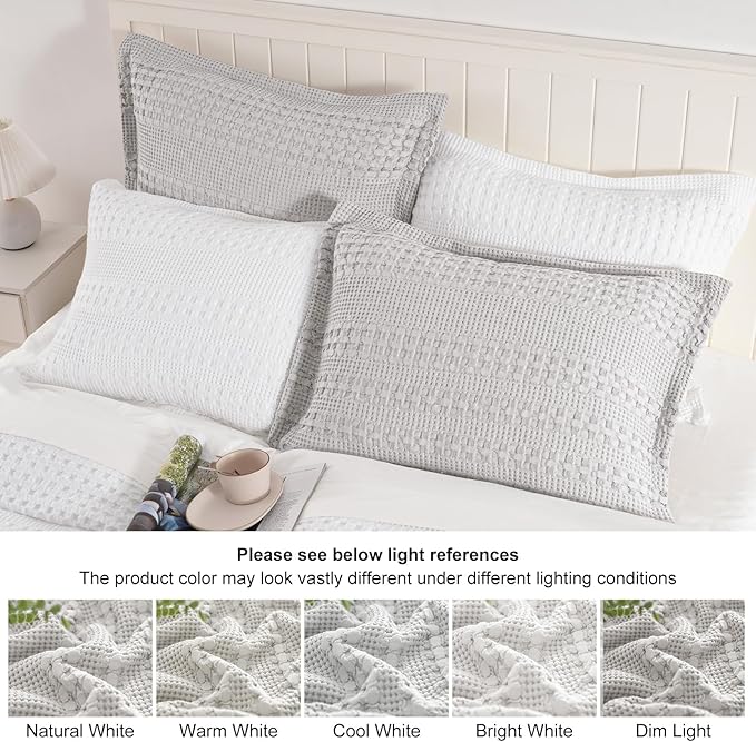 PHF 100% Cotton Ruffle Waffle Pillow Shams King Size, 2 Pack 20" x 36" Soft Skin-Friendly Pillowcases, No Filling, Aesthetic Home Decor, Breathable Waffle Weave Bed Pillow Covers, Light Grey