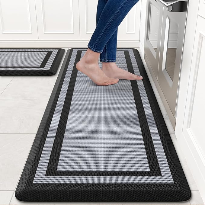KitchenClouds [2 PCS Kitchen Rugs Cushioned Anti-Fatigue Kitchen Mats for Floor Waterproof Kitchen Rug Set Non-Slip Comfort Standing Mat for Office, Sink, Laundry 17.3"×29"+17.3"×47",Black