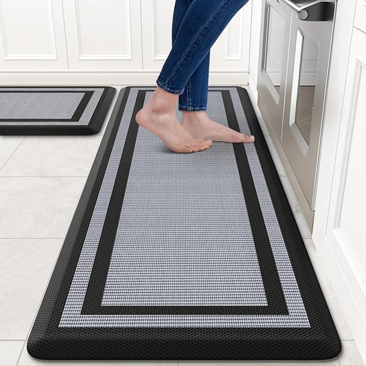 KitchenClouds [2 PCS Kitchen Rugs Cushioned Anti-Fatigue Kitchen Mats for Floor Waterproof Kitchen Rug Set Non-Slip Comfort Standing Mat for Office, Sink, Laundry 17.3"×29"+17.3"×47",Black
