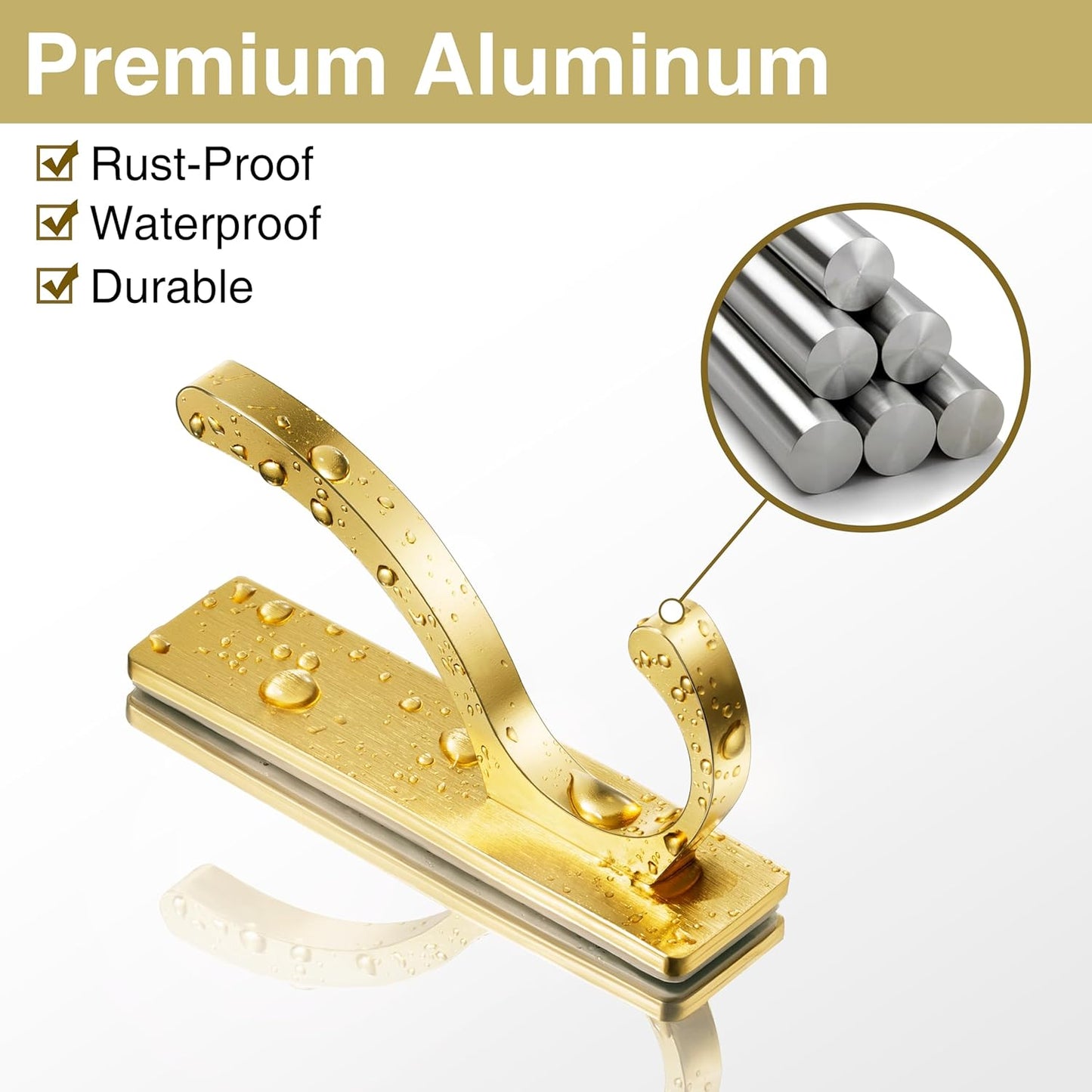 Adhesive Wall Hooks for Towels Coats - Stick On Hooks Hanging Heavy Duty (13lb), Metal Hook for Door, Bathroom, Dorm, Closet - Hanger for Purse, Bag, Robe,Backpack - No Damage to Wall - Gold 6 Pack