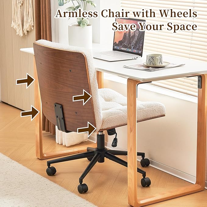 Furnimart Wide Swivel Criss Cross Legged Chair with Wheels, FSC Certified Wooden Desk Chair with Mid-Back Support, Comfy Armless Height Adjustable Vanity Chair for Desk, Bedroom (Faux Fur White)