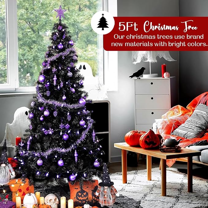 5ft Artificial Christmas Tree, Arbol de Navidad with 600 Branch Tips, Fake Christmas Tree, Premium Spruce Xmas Tree with Fold-Able Metal Base Stand-Black