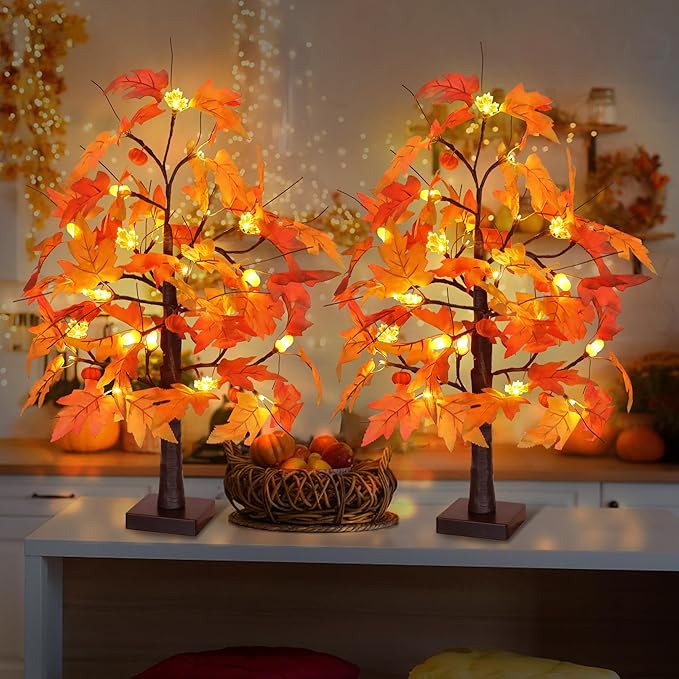 2 Pack 24 Inch Fall Maple Tree with 48LED Battery Operated Lighted Tabletop Artificial Tree with Pumpkin Acorn Maple Fall Centerpieces Indoor Fall Decorations for Home Office Thanksgiving Table Decor