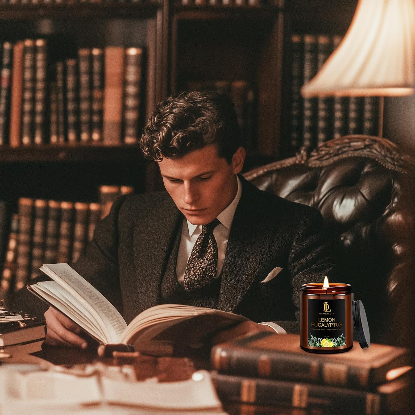 Lemon Eucalyptus Scented Candle, Soy Candles for Home Scented, Masculine Amber Jar Candles Gifts for Men Women, 7oz