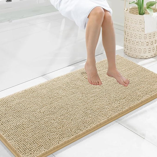 Smiry Luxury Chenille Bathroom Rugs 47x20, Extra Soft and Absorbent Shaggy Bath Mat, Machine Washable, Non-Slip Plush Carpet Runner for Tub, Shower, and Floor, Home Decor Accessories, Beige