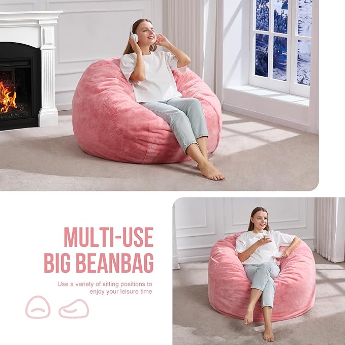Hobestluk 3ft Bean Bag Chairs for Adults Large Beanbag Chair with Plush Faux Fur Cover Big Bean Bag Chair for Living Room Bedroom Dorm Office -Pink (36” x 36” x 22”)