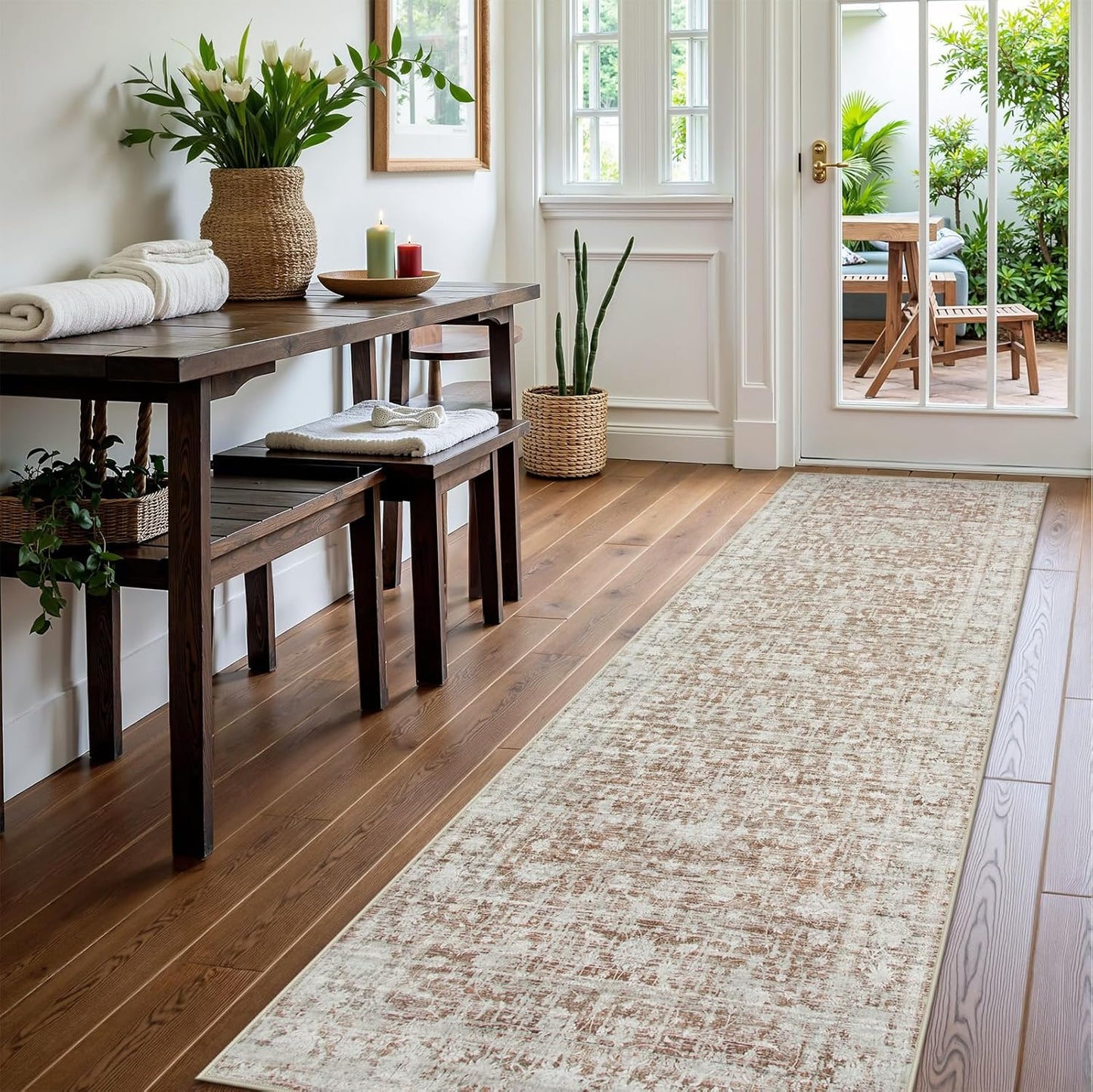 Vintage Hallway Runner Rug, 2'6"x8' Machine Washable Rug Runners for Kitchen Runner Rug Non Slip, Ultra-Thin Soft Carpet Runner for Bedroom Bathroom Laundry Room (2.6x8, Khaki/White)