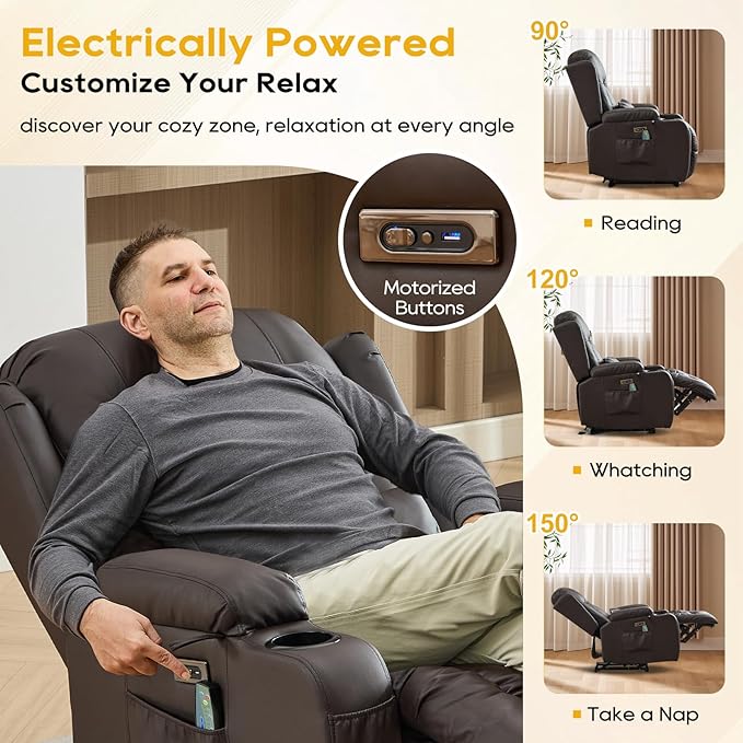 IPKIG Power Recliner Chair, Electric Home Theater Seating with 4 Colors Ambient Lighting/USB Ports/Cup Holders/Side Pockets for Living Room, Bedroom, Home, RVs (Brown, Single Chair)