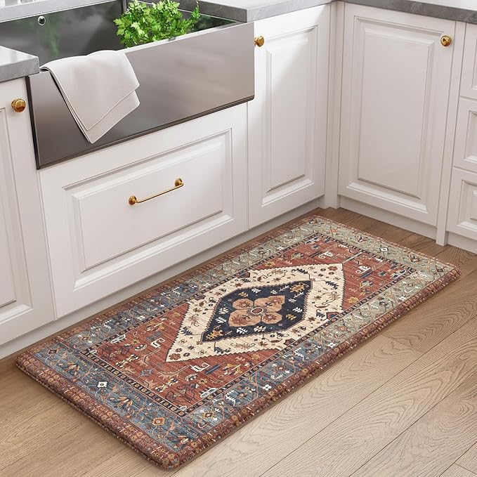 KIMODE Anti Fatigue Mat for Kitchen Floor, Boho Oriental Kitchen Rug, Non Slip Waterproof Kitchen Floor Mat, Vintage Kitchen Mat for Floor, Laundry, Office, Sink, Desk Red 20"x39"