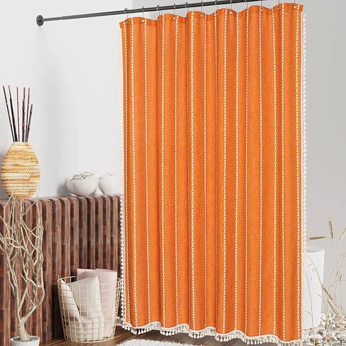 MitoVilla Boho Extra Long Shower Curtain 72 x 84, Orange 84 inch XL Polyester Linen Tassel Fabric Shower Curtain Set with Hooks for Vintage Country Farmhouse Bathroom Decor, Thick & Wrinkle Resistant