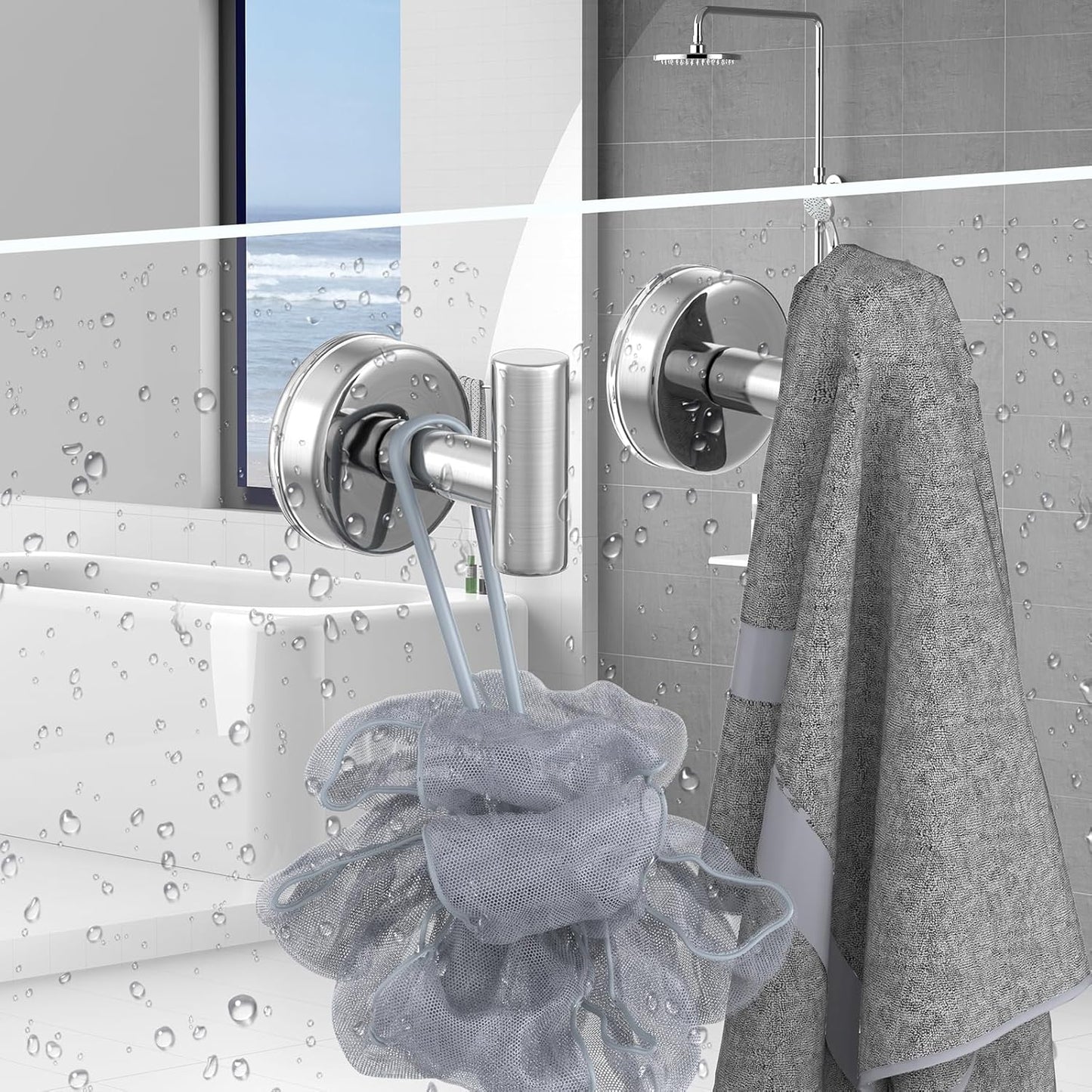Suction Cup Hooks for Shower, Shower Hooks for Hanging Towels, Robes, Bath Balls, Stainless Steel Towel Hooks for Bathroom Wall, Glass Door, Kitchen, Mirror, Tile (2 Pack，Silver)