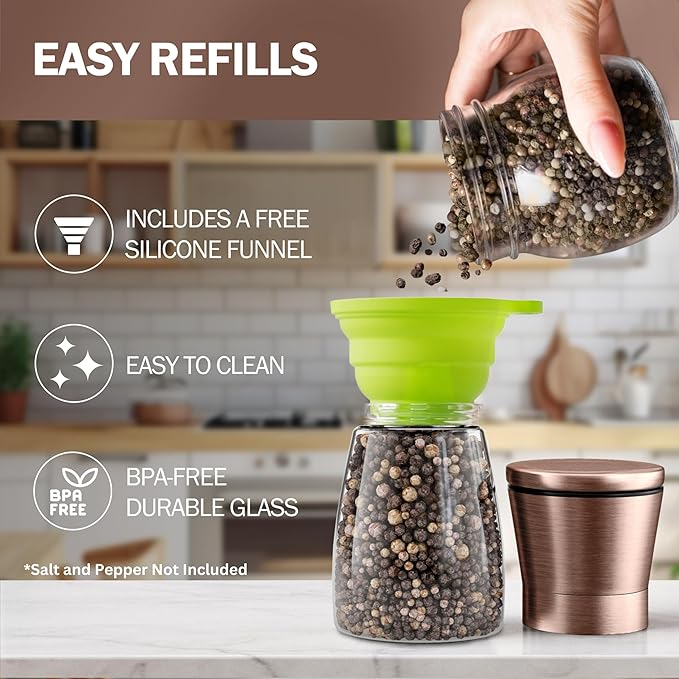 Home EC Original Copper Salt and Pepper Grinder Set of 2 - Adjustable Ceramic Grinder - Glass Salt and Pepper Shakers With Funnel and Ebook - Kitchen Spice Mill - Copper Kitchen Accessories